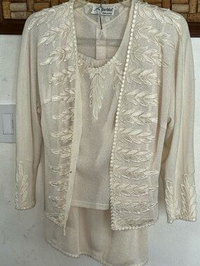 Vtg Alachka 3 Piece Knit Skirt Set Ivory Embroidered Leaf Cardigan Tank  Small